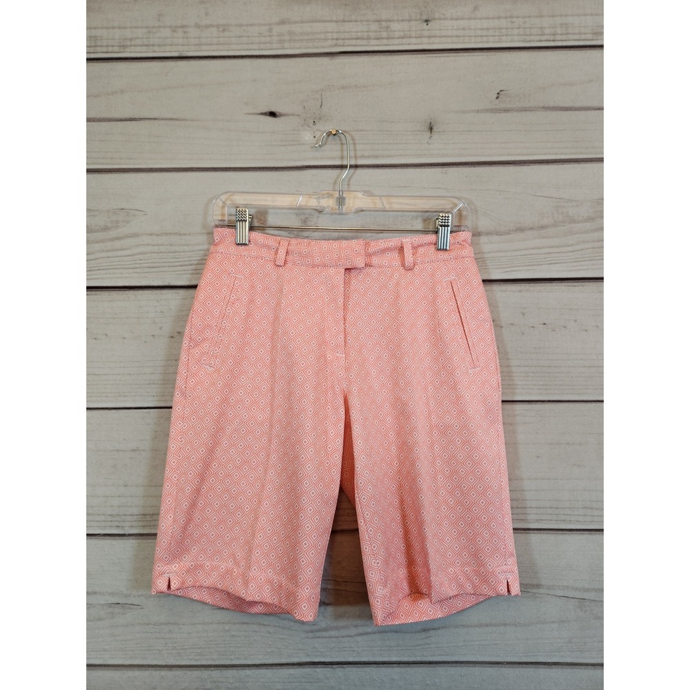 Lady Hagen Womens 2 Coral Orange White Geometric Golf Shorts Stretch Performance